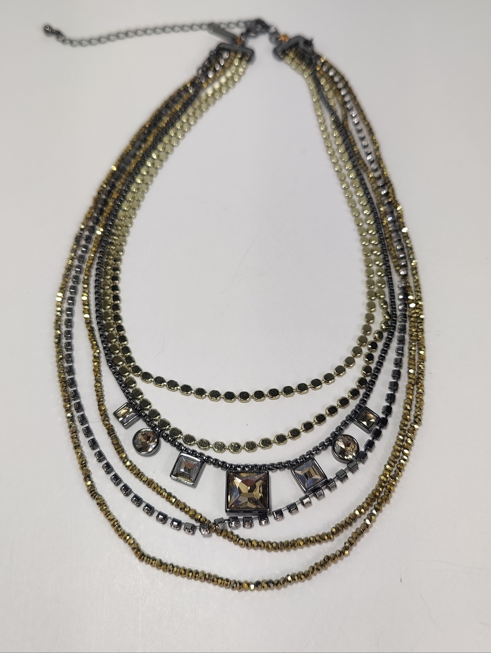 White House Black Market Gunmetal Layered Necklace Crystal Multi Strand